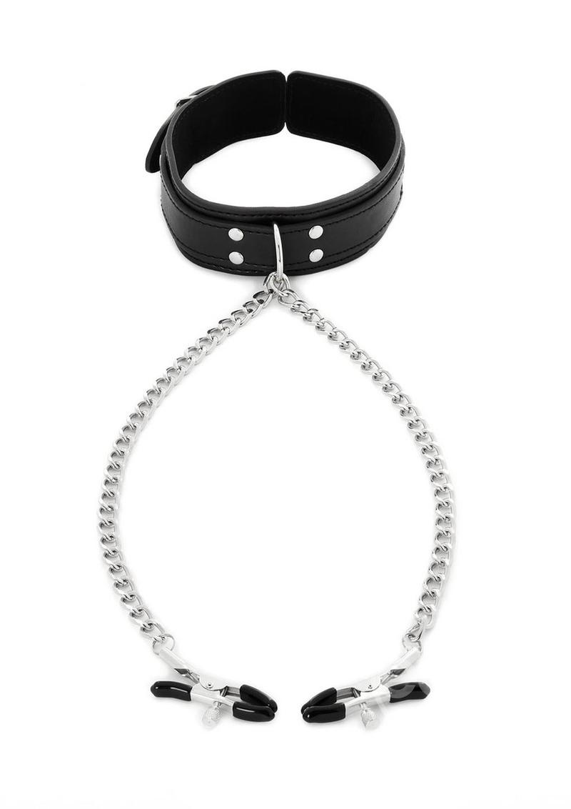 Sportsheets Collar with Nipple Clamps - Black/Silver