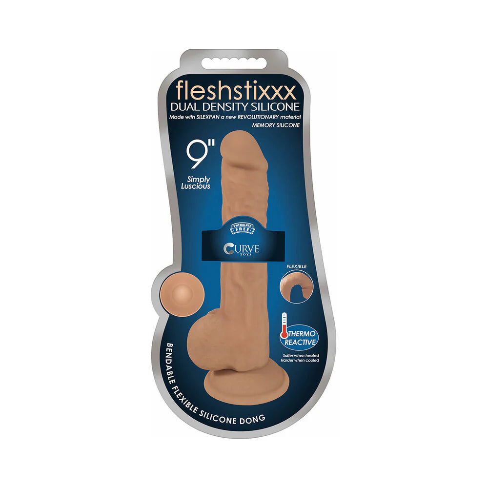 Curve Toys FLESHSTIXXX 9 in. Posable Dual Density Silicone Dildo with Balls & Suction Cup