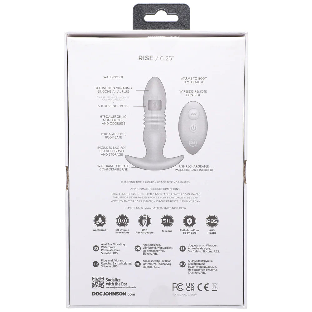 Doc Johnson A-Play RISE Rechargeable Silicone Anal Plug with Remote