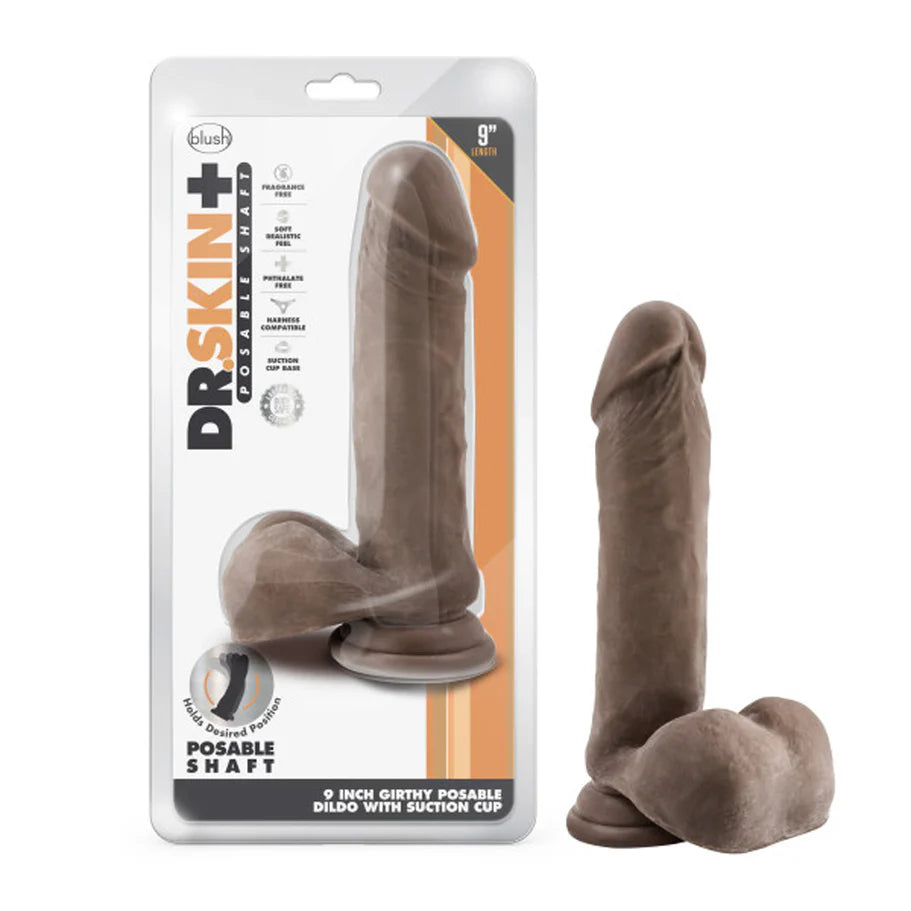 Blush Dr. Skin Plus Thick 9 in. Triple Density Posable Dildo with Balls & Suction Cup