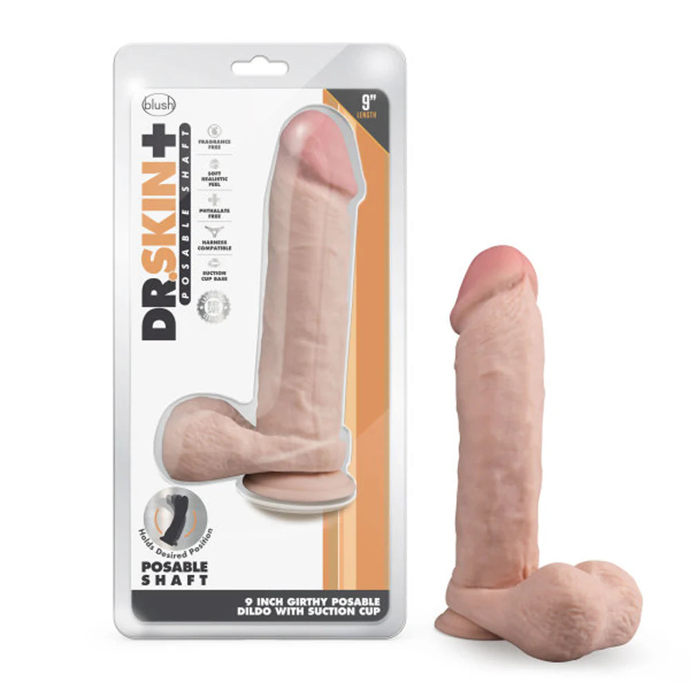 Blush Dr. Skin Plus Thick 9 in. Triple Density Posable Dildo with Balls & Suction Cup