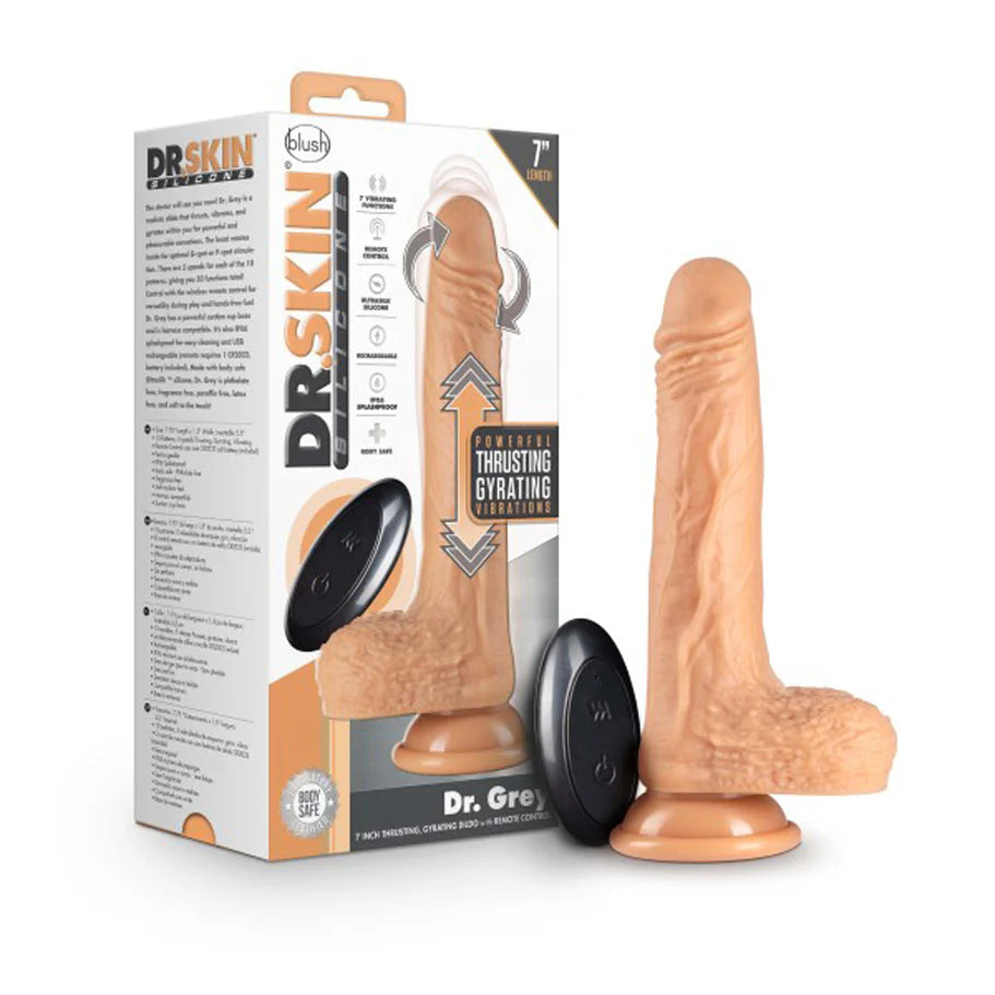 Blush Dr. Skin Dr. Grey Remote-Controlled 7 in. Thumping Dildo with Balls