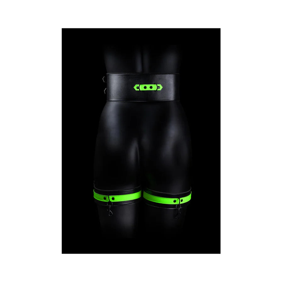 Ouch! Glow in the Dark 5-Piece Bonded Leather Thigh & Handcuffs With Belt Restraint Neon Green