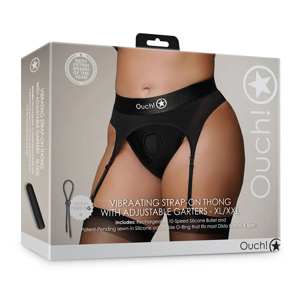 Ouch! Vibrating Strap-On Thong with Adjustable Garters Rechargeable