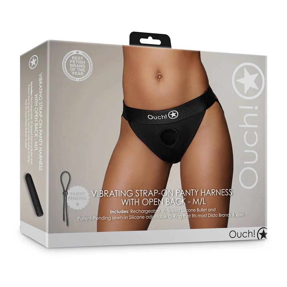 Shots Ouch! Vibrating Strap-on Panty Harness with Open Back Black