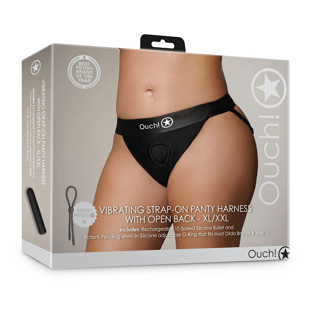 Shots Ouch! Vibrating Strap-on Panty Harness with Open Back Black