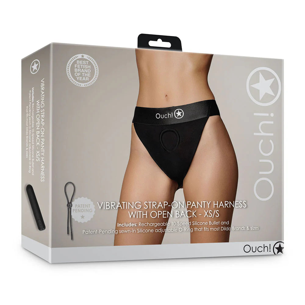 Shots Ouch! Vibrating Strap-on Panty Harness with Open Back Black