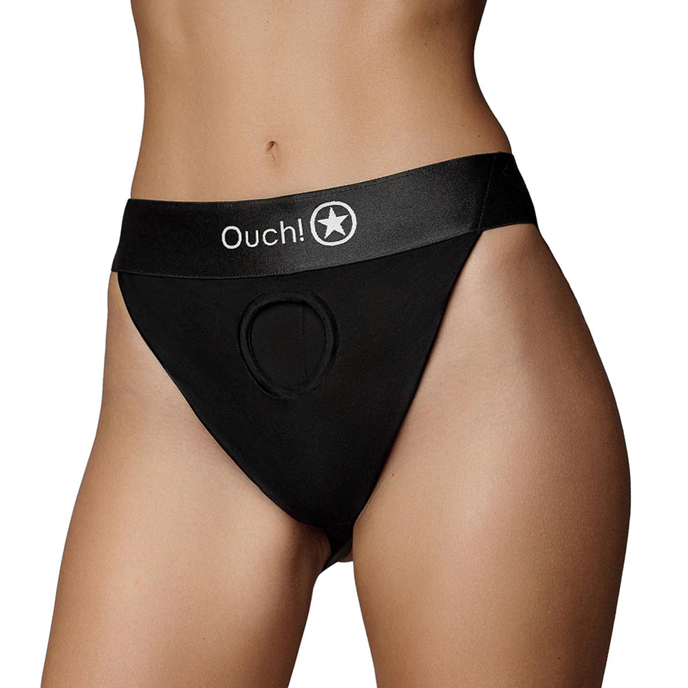 Shots Ouch! Vibrating Strap-on Panty Harness with Open Back Black