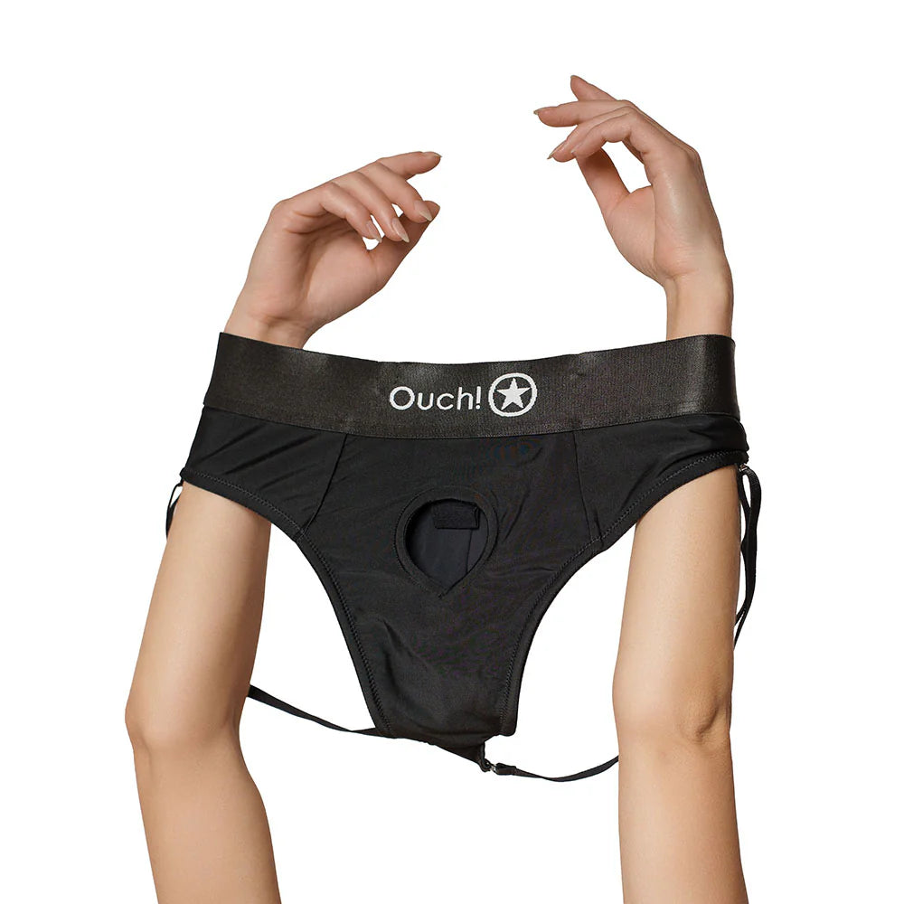 Shots Ouch! Vibrating Strap-on Panty Harness with Open Back Black