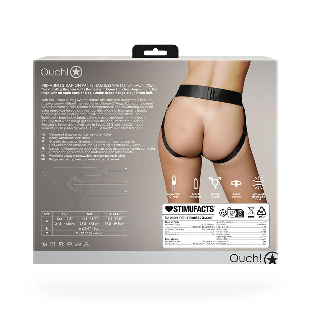 Shots Ouch! Vibrating Strap-on Panty Harness with Open Back Black