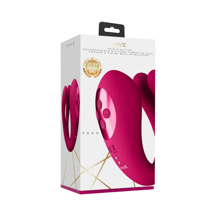 VIVE YOKO Rechargeable Triple Action Silicone Vibrator Dual Prongs with Clitoral Pulse Wave