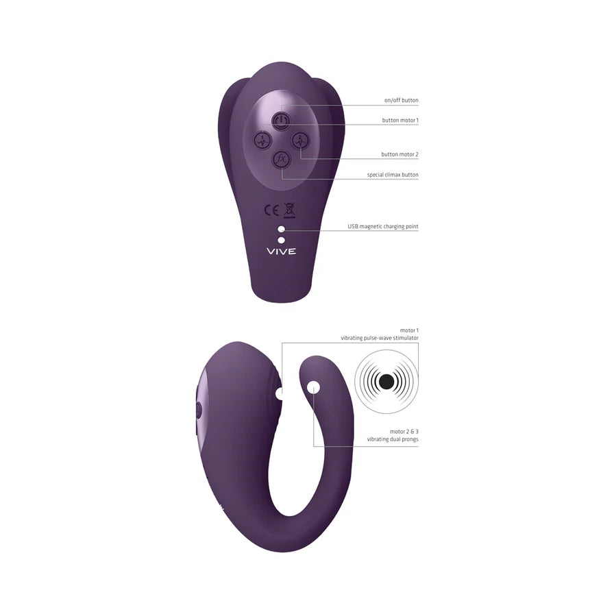 VIVE YOKO Rechargeable Triple Action Silicone Vibrator Dual Prongs with Clitoral Pulse Wave