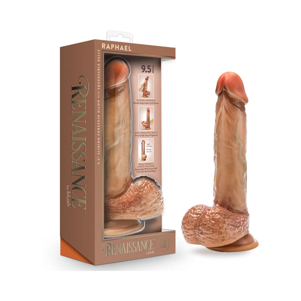 Renaissance Raphael Sliding Foreskin Dildo with Squeezable Balls 9.5 in.