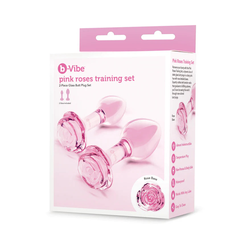 B Vibe Pink Roses Glass Butt Plug Training Set 2Pc