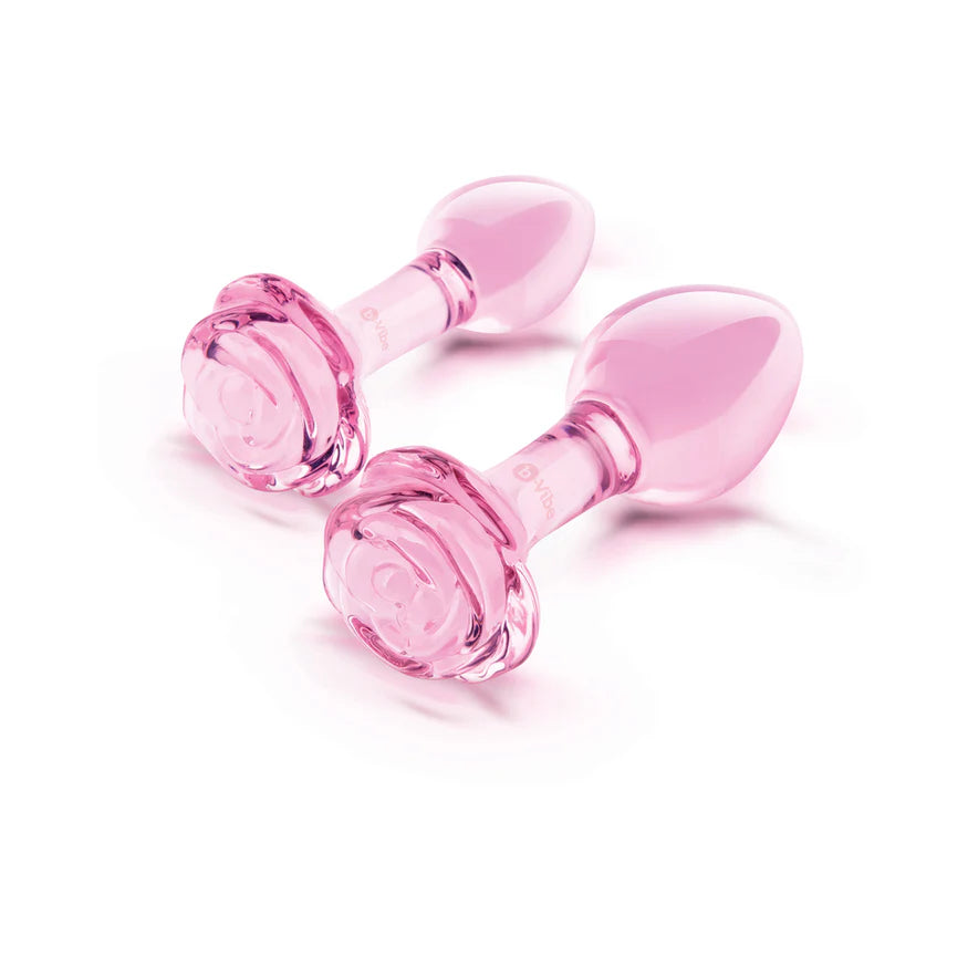 B Vibe Pink Roses Glass Butt Plug Training Set 2Pc