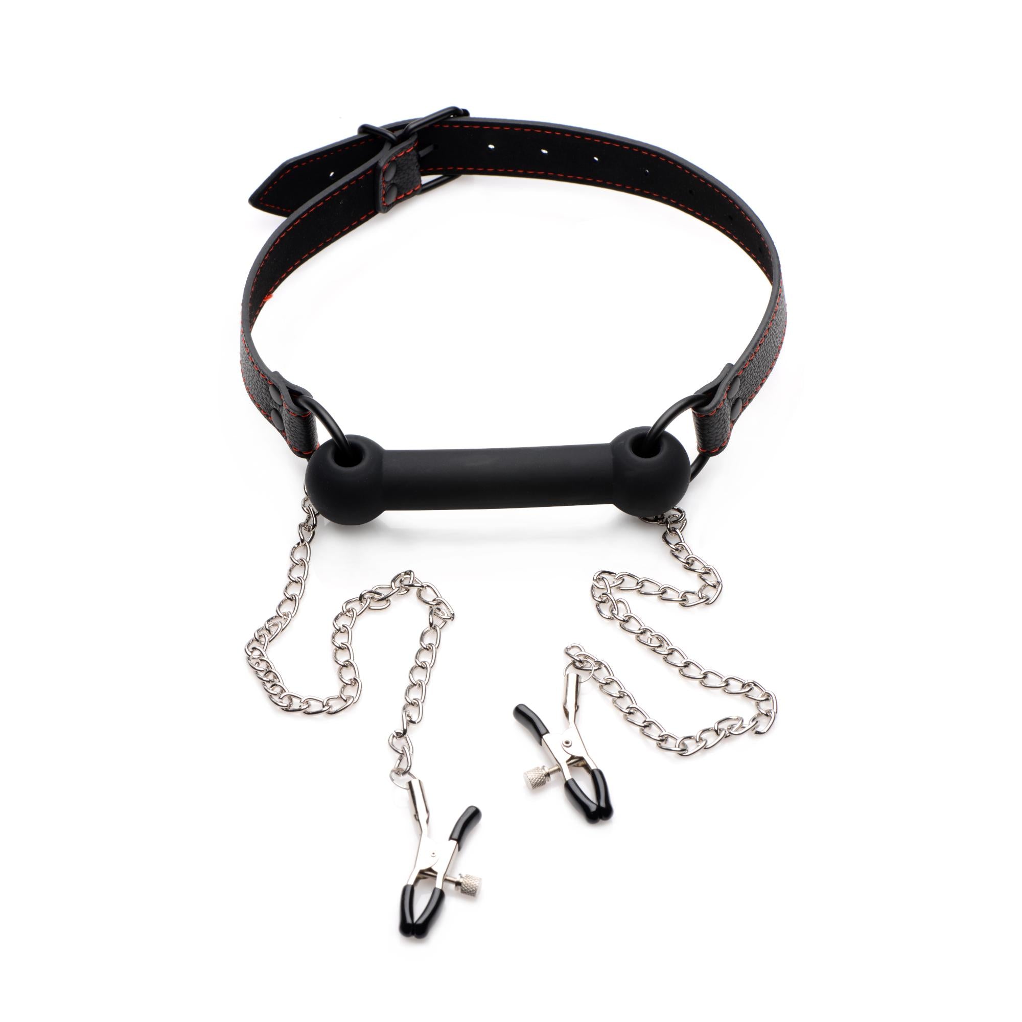 STRICT Black Silicone Bit Gag with Nipple Clamps