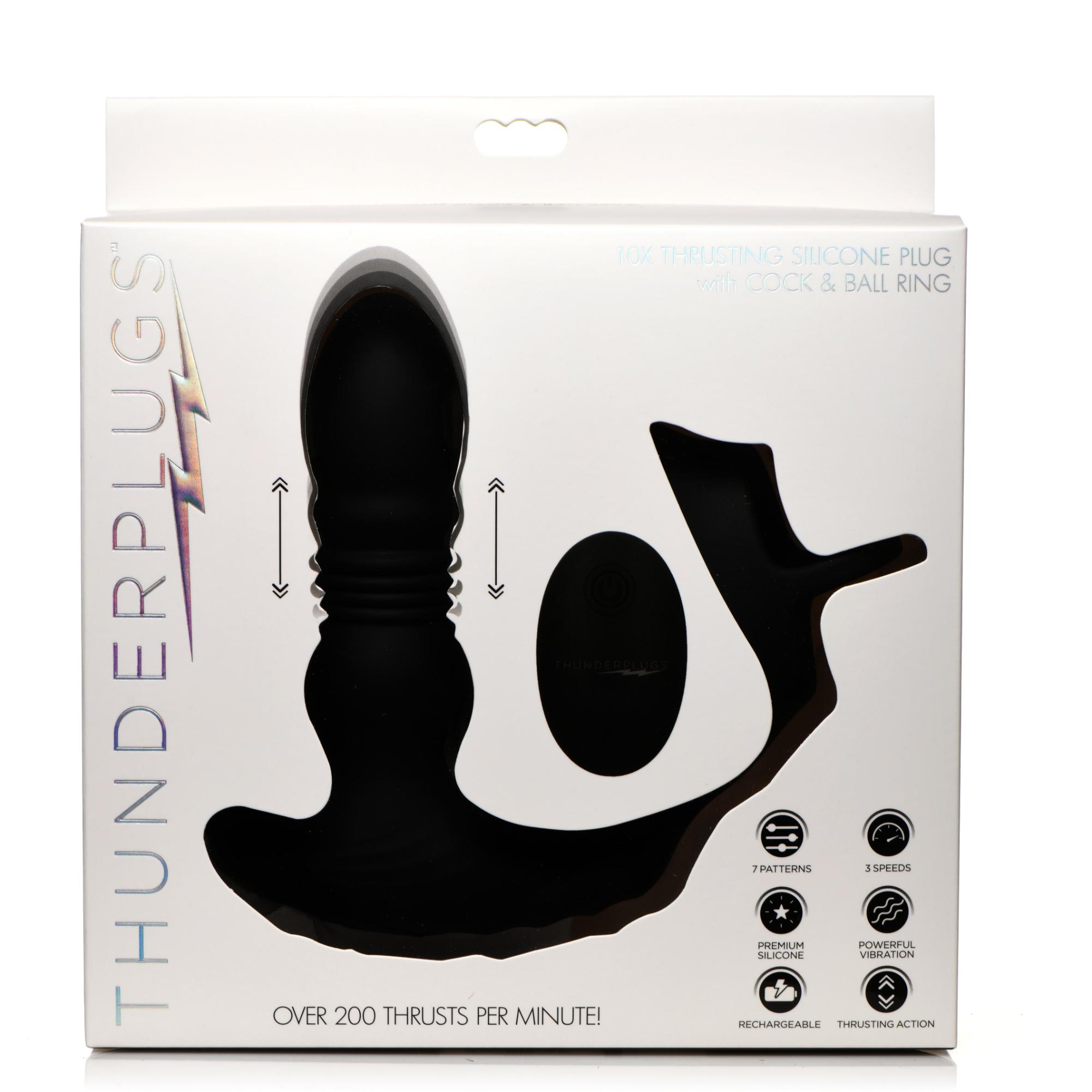 Thunder Plugs Rechargeable 10X Thrusting Silicone Vibrator with Cock & Ball Strap