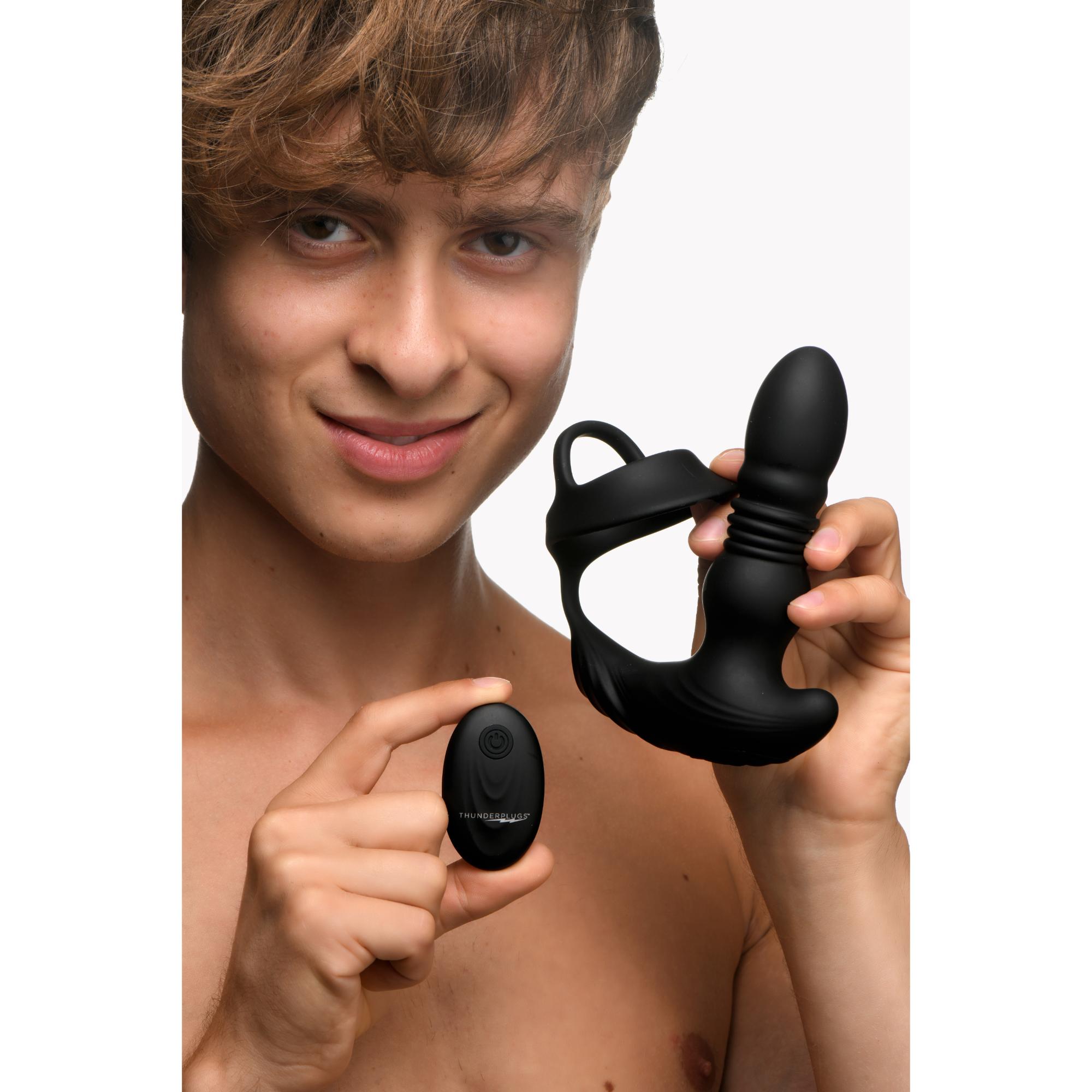 Thunder Plugs Rechargeable 10X Thrusting Silicone Vibrator with Cock & Ball Strap