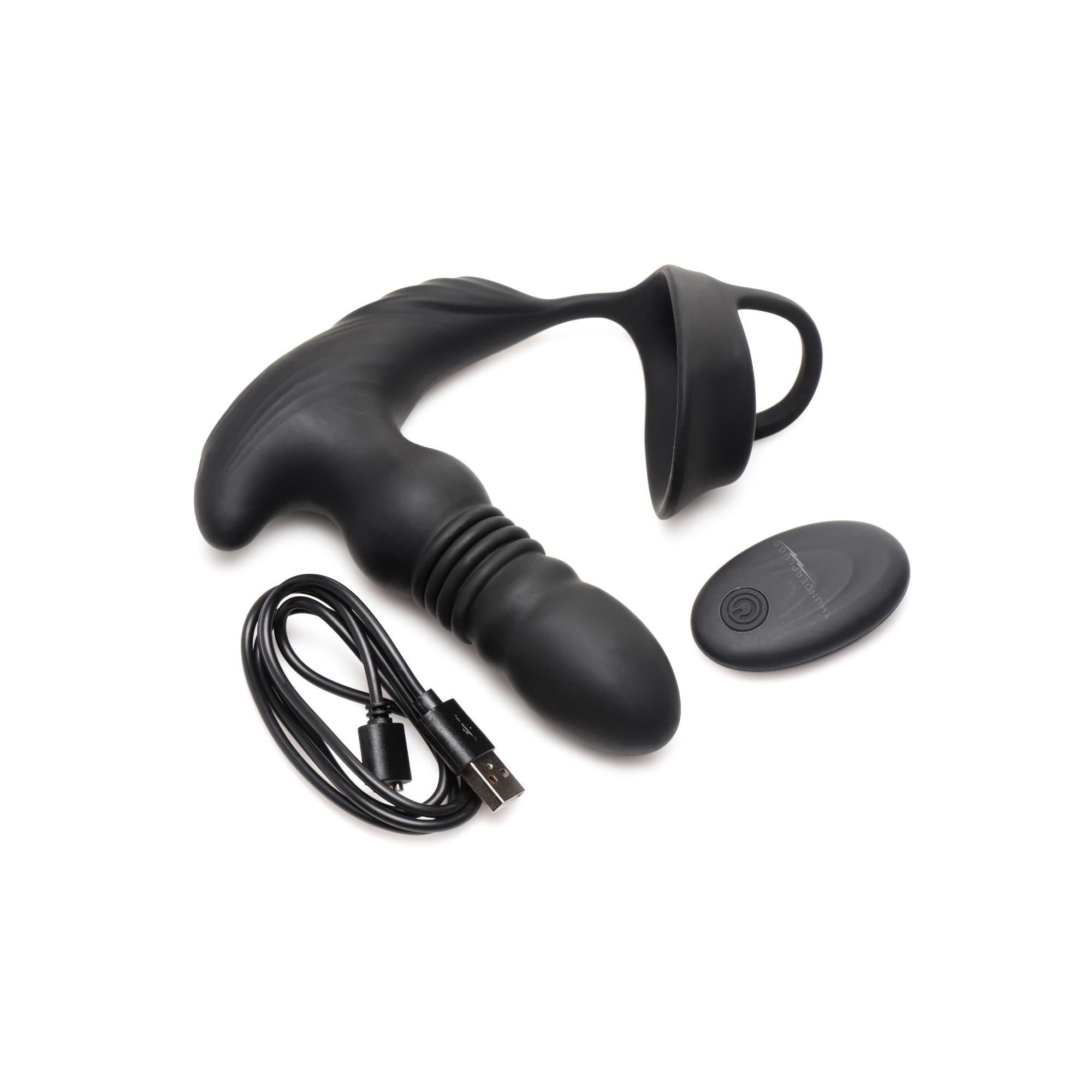 Thunder Plugs Rechargeable 10X Thrusting Silicone Vibrator with Cock & Ball Strap