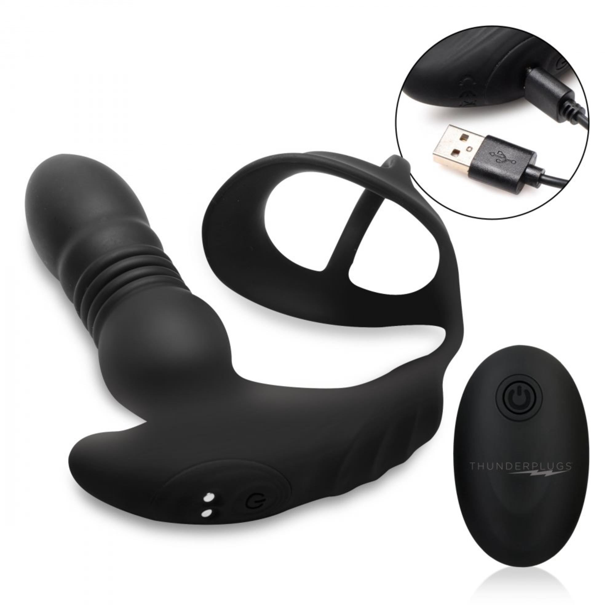 Thunder Plugs Rechargeable 10X Thrusting Silicone Vibrator with Cock & Ball Strap