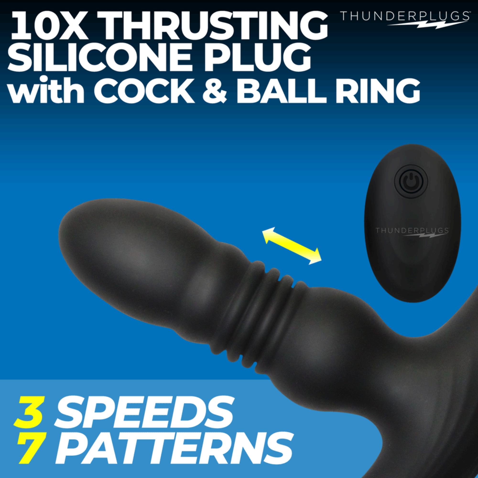 Thunder Plugs Rechargeable 10X Thrusting Silicone Vibrator with Cock & Ball Strap