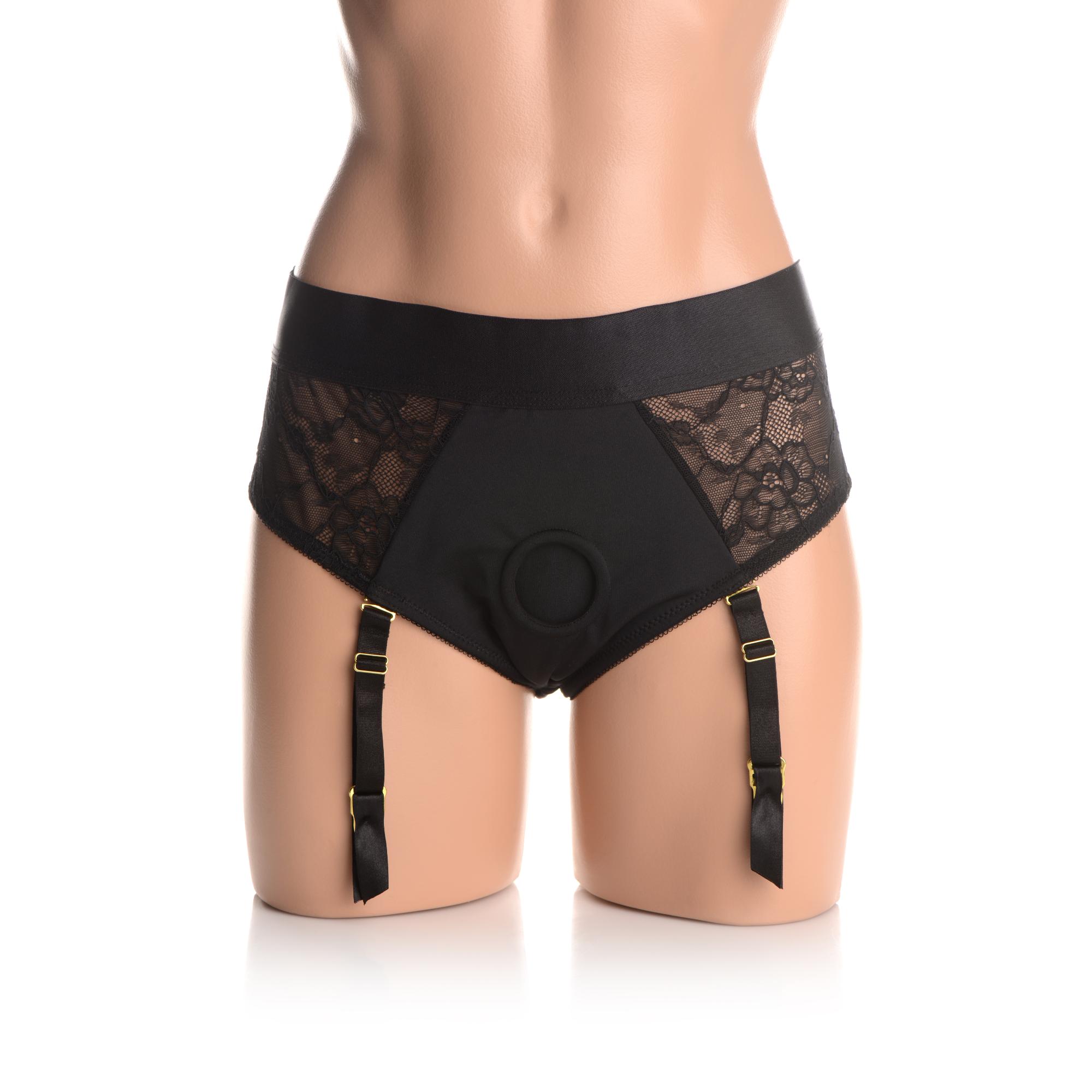 Strap U Laced Seductress Lace Crotchless Panty Harness with Garter Straps - Black