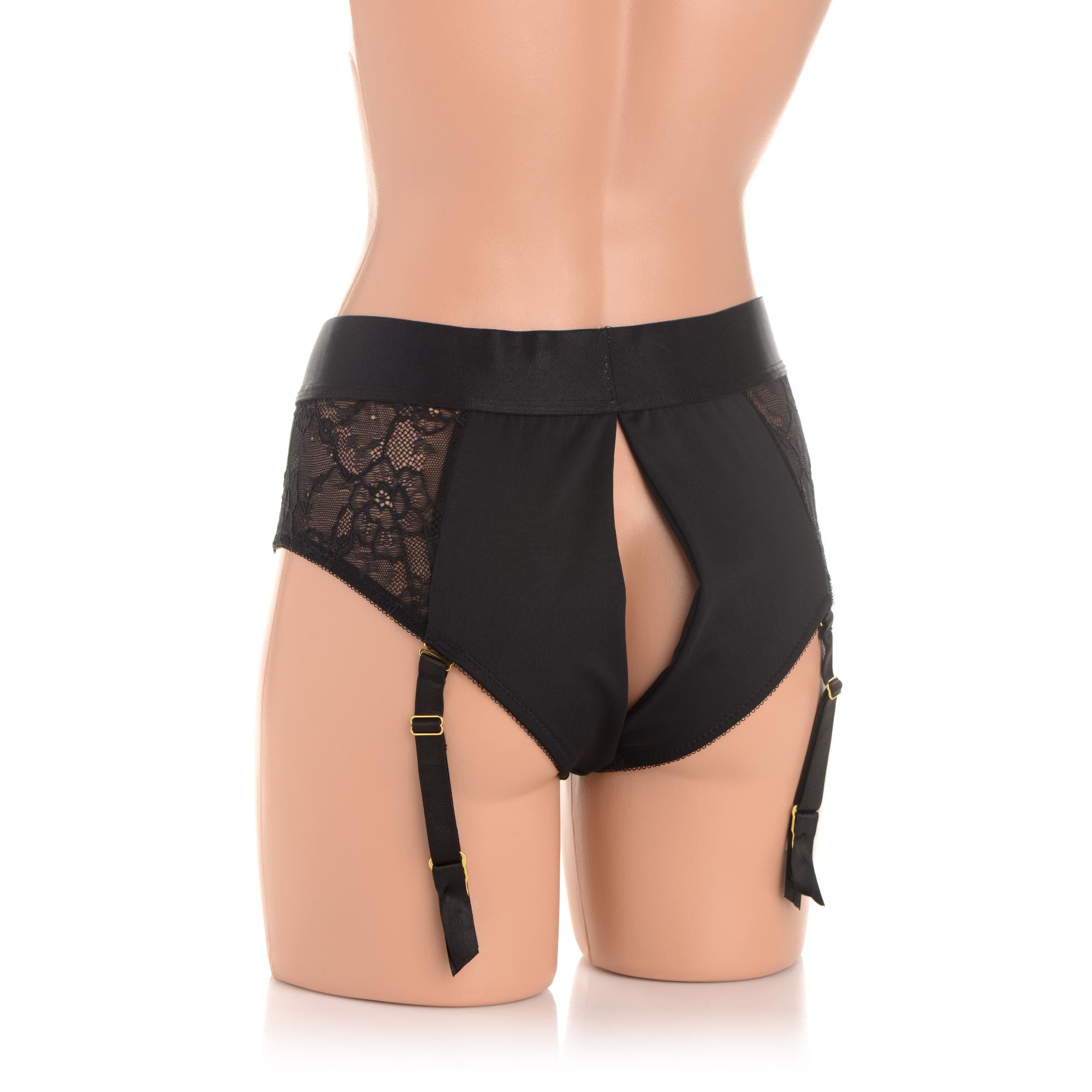 Strap U Laced Seductress Lace Crotchless Panty Harness with Garter Straps - Black