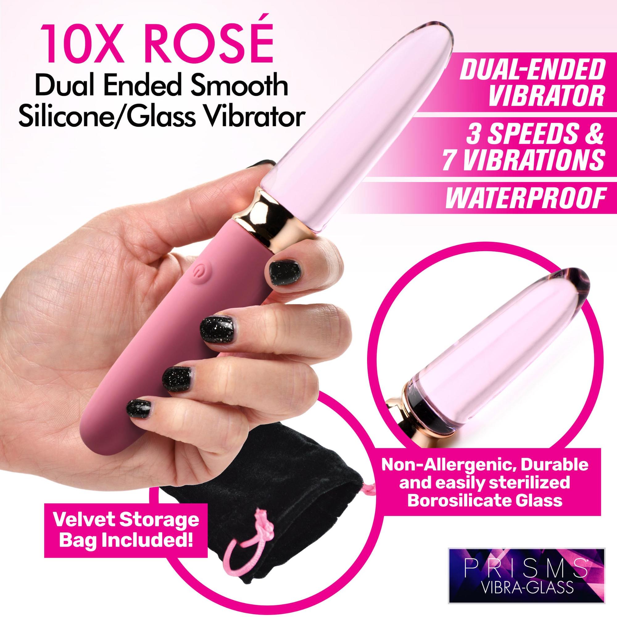 Prisms Erotic Glass Vibra-Glass 10X Rosé Dual Ended Smooth Silicone/Glass Vibrator