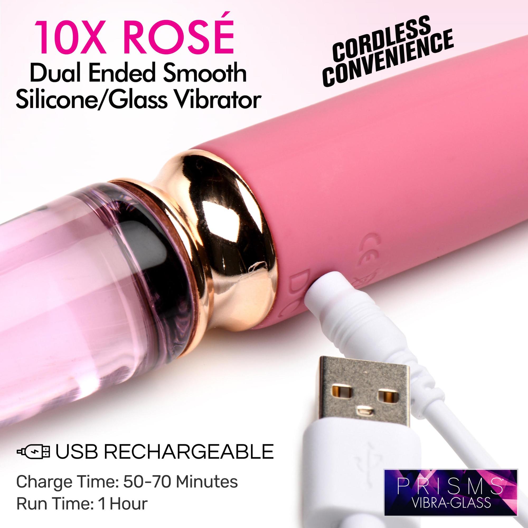 Prisms Erotic Glass Vibra-Glass 10X Rosé Dual Ended Smooth Silicone/Glass Vibrator