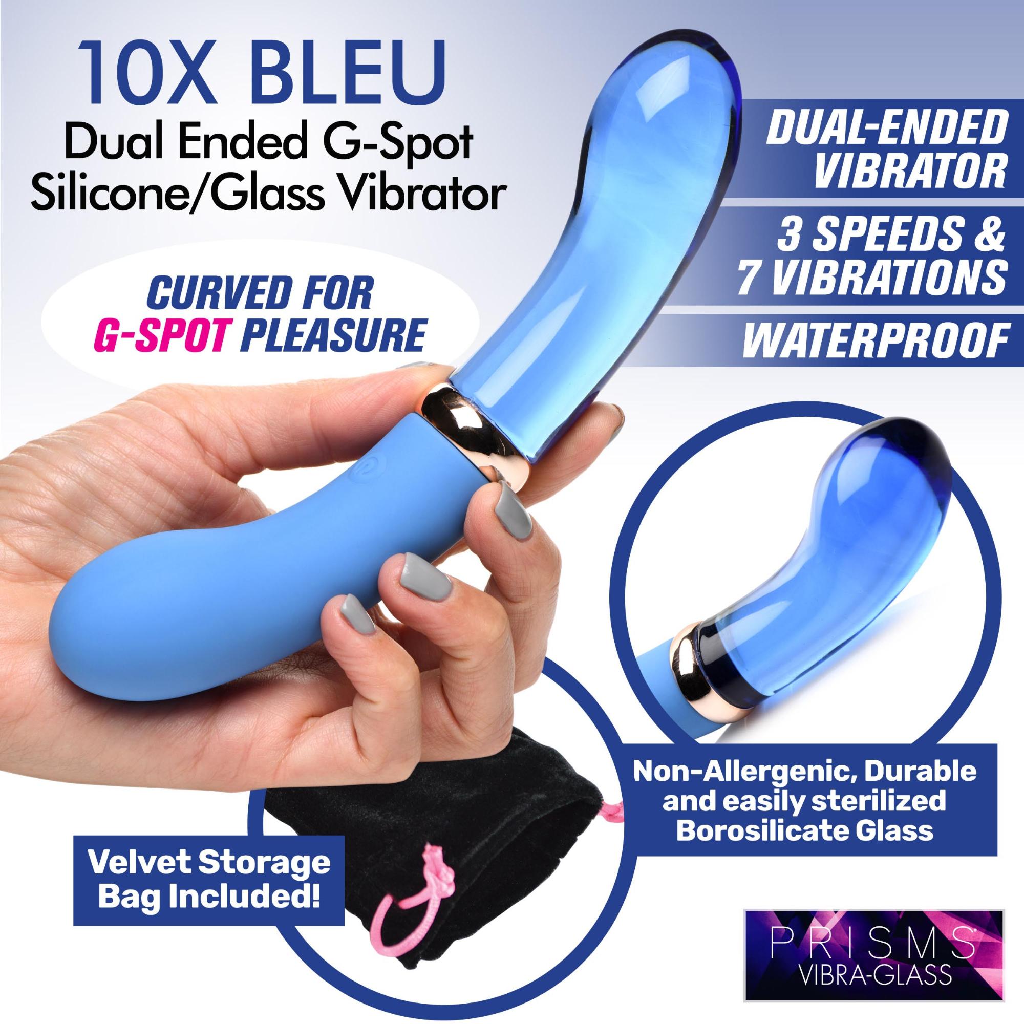 Prisms Erotic Glass Vibra-Glass 10X Bleu Dual Ended G-Spot Silicone/Glass Vibrator