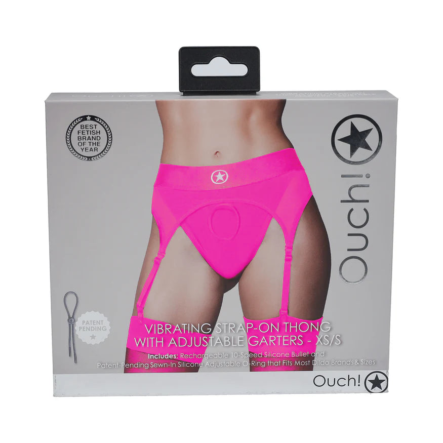 Ouch! Vibrating Strap-On Thong with Adjustable Garters - Pink - Buy At Luxury Toy X - Free 3-Day Shipping