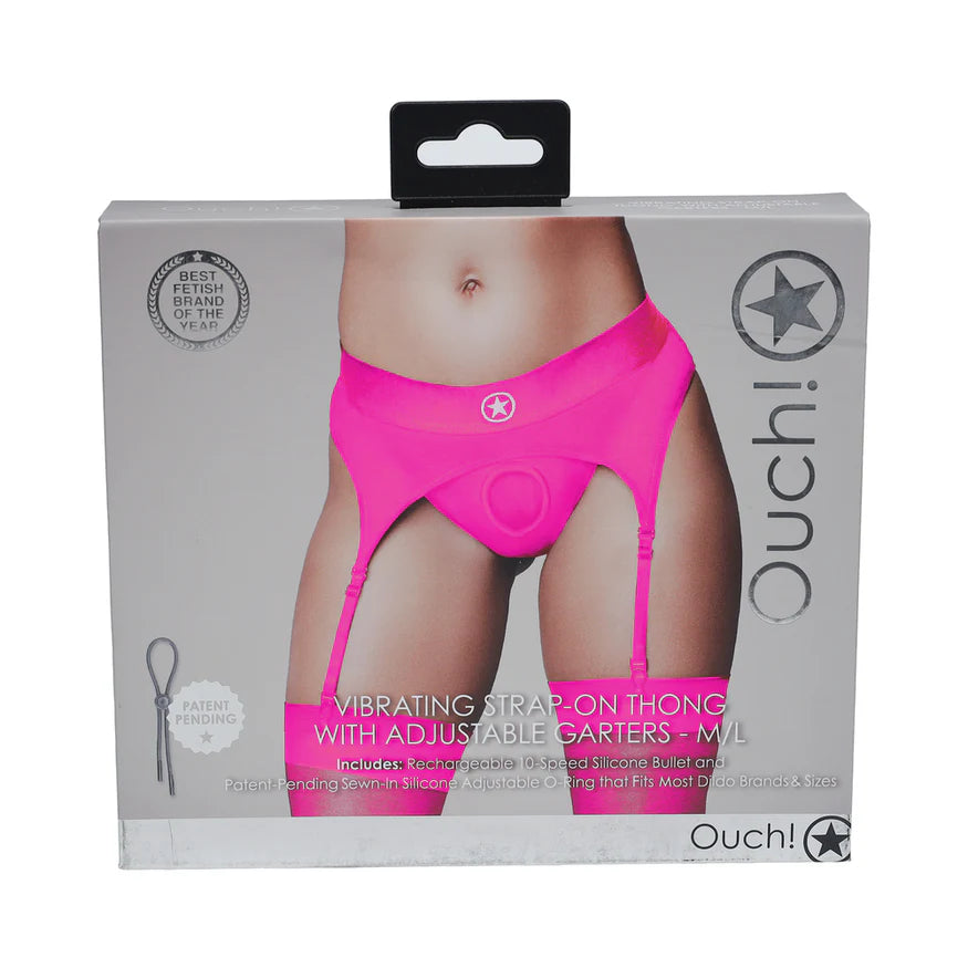 Ouch! Vibrating Strap-On Thong with Adjustable Garters - Pink - Buy At Luxury Toy X - Free 3-Day Shipping