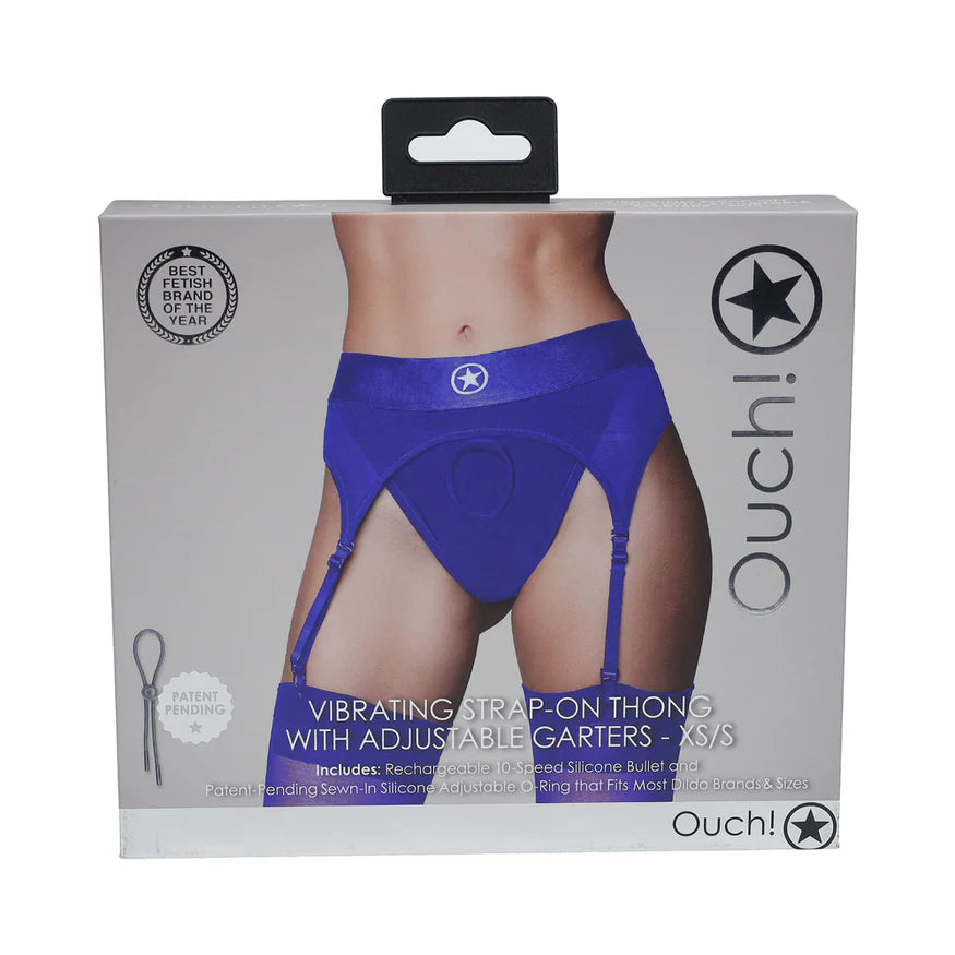 Ouch! Vibrating Strap-On Thong with Adjustable Garters - Royal Blue - Buy At Luxury Toy X - Free 3-Day Shipping