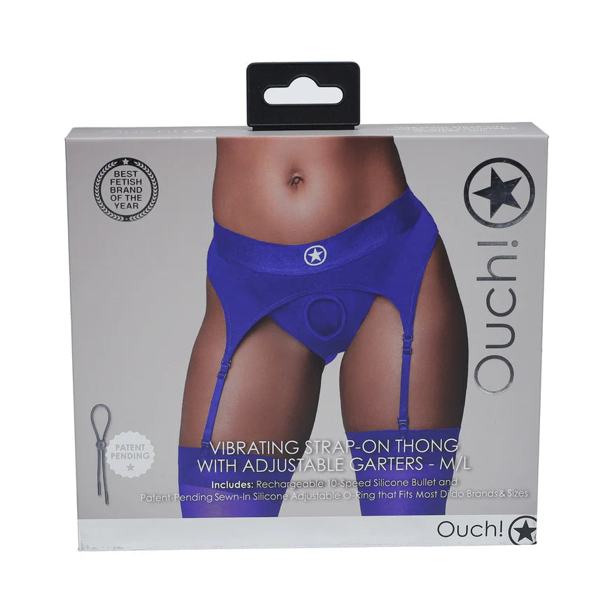 Ouch! Vibrating Strap-On Thong with Adjustable Garters - Royal Blue - Buy At Luxury Toy X - Free 3-Day Shipping