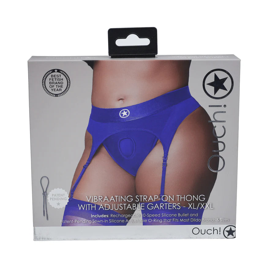 Ouch! Vibrating Strap-On Thong with Adjustable Garters - Royal Blue - Buy At Luxury Toy X - Free 3-Day Shipping