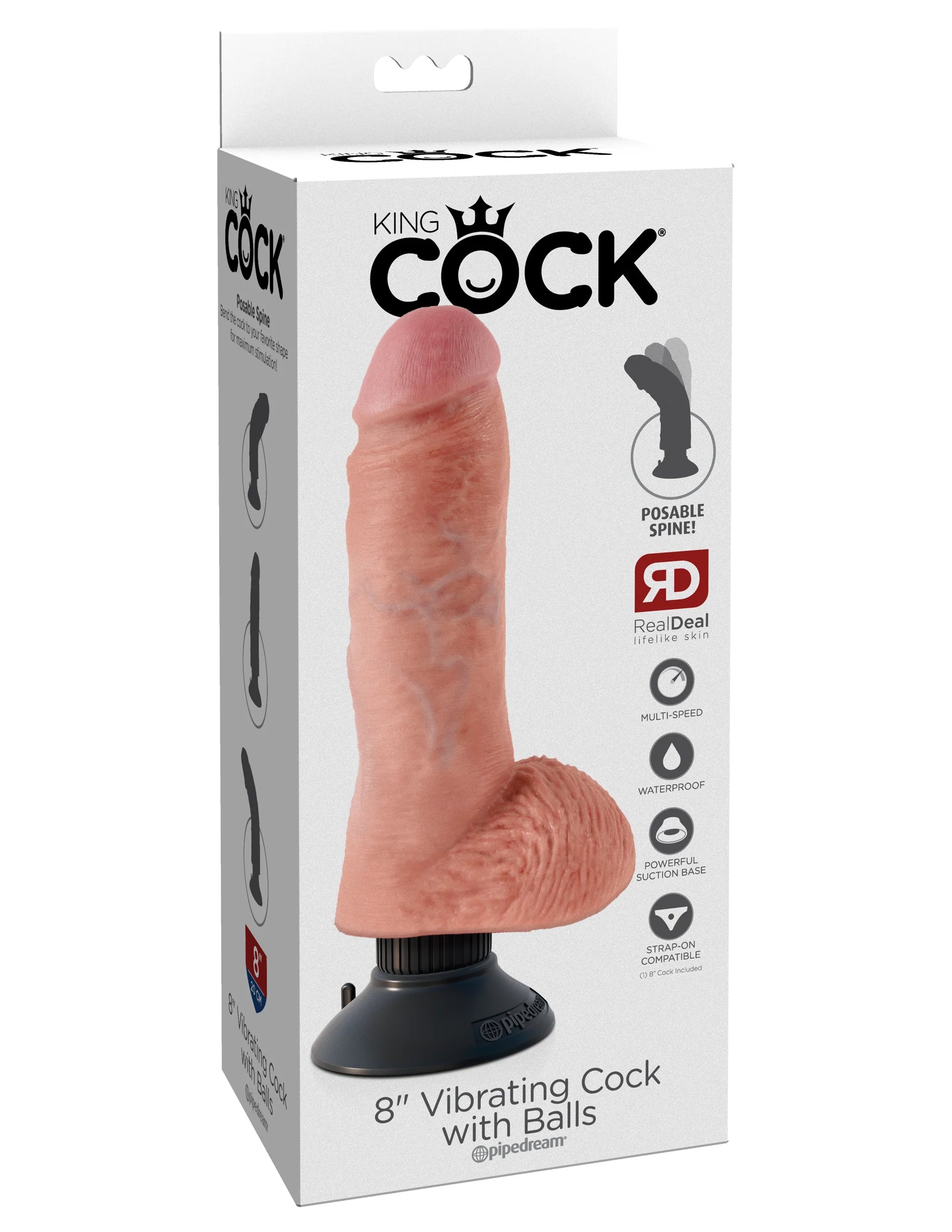 Pipedream King Cock 8 in. Vibrating Cock With Balls Poseable Suction Cup Dildo