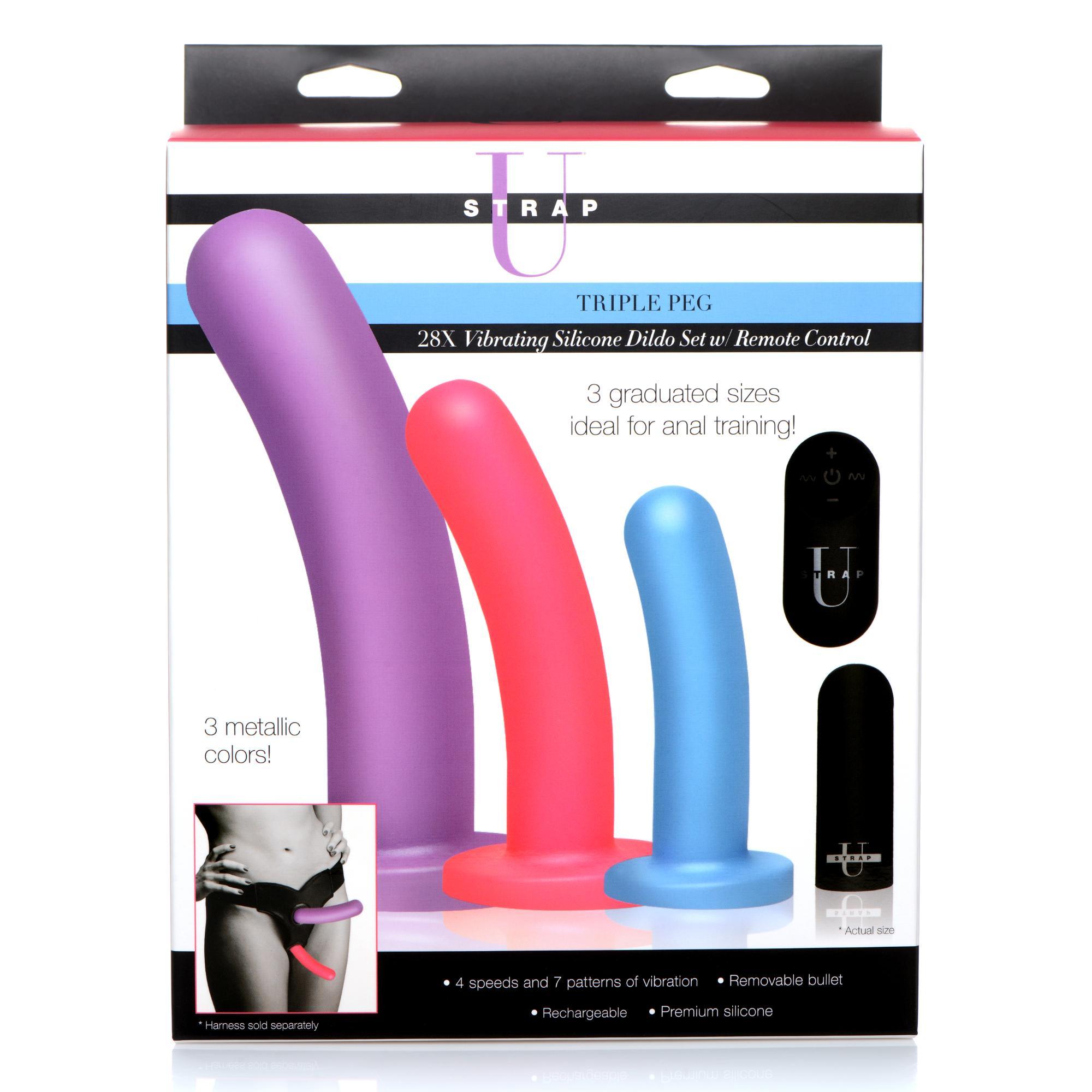 Strap U Triple Peg 28X Vibrating Silicone Dildo Set w/ Remote - Buy At Luxury Toy X - Free 3-Day Shipping