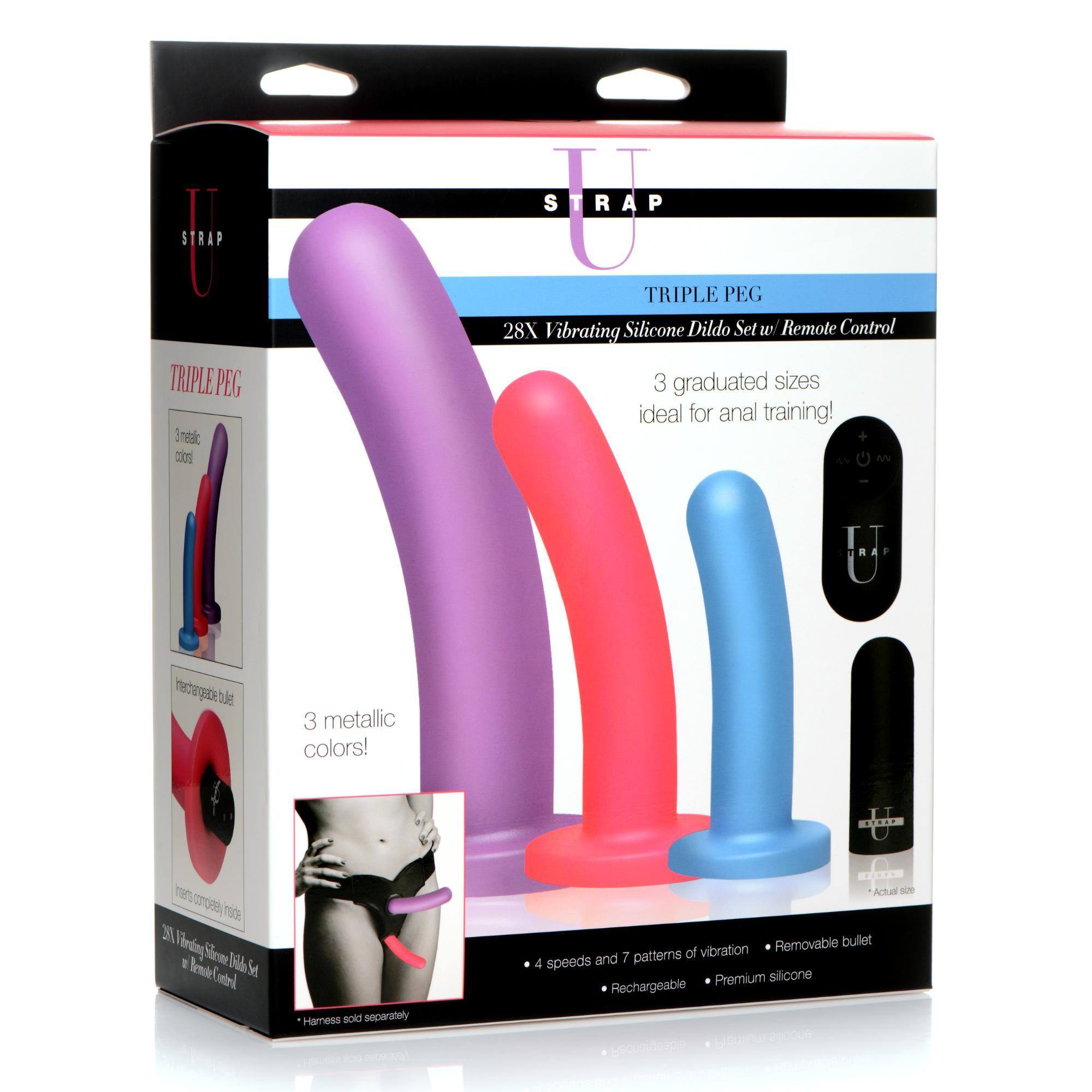 Strap U Triple Peg 28X Vibrating Silicone Dildo Set w/ Remote - Buy At Luxury Toy X - Free 3-Day Shipping